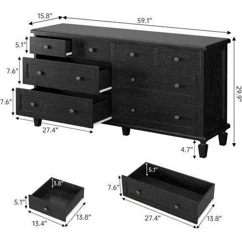 Commode à 8 tiroirs pour chambre à coucher, meuble TV vintage de 59 po avec poignées sculptées et pieds fuselés, commode en bois avec grande capacité de rangement