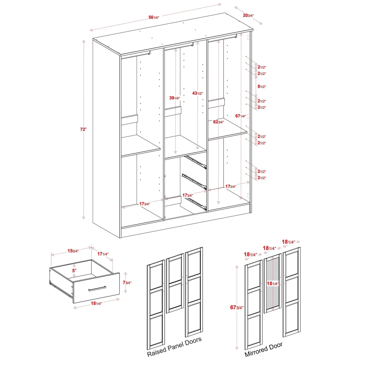 Armoire Palace Imports Cosmo à 3 portes en bois massif à 100 %, avec portes en bois massif ou miroirs