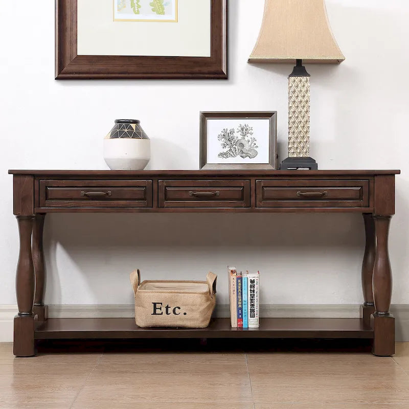 Longue console en bois avec 3 tiroirs et 1 étagère inférieure