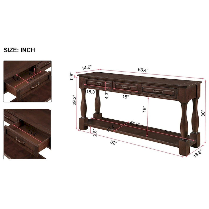 Longue console en bois avec 3 tiroirs et 1 étagère inférieure