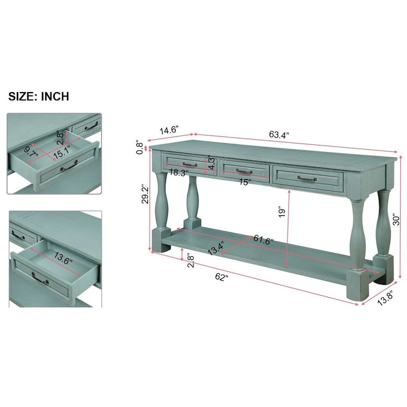 Longue console en bois avec 3 tiroirs et 1 étagère inférieure