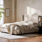 Ensemble de lit queen tapissé en tissu tufté, lit plateforme moderne du milieu du siècle avec tête de lit