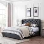 Ensemble de lit queen tapissé en tissu tufté, lit plateforme moderne du milieu du siècle avec tête de lit