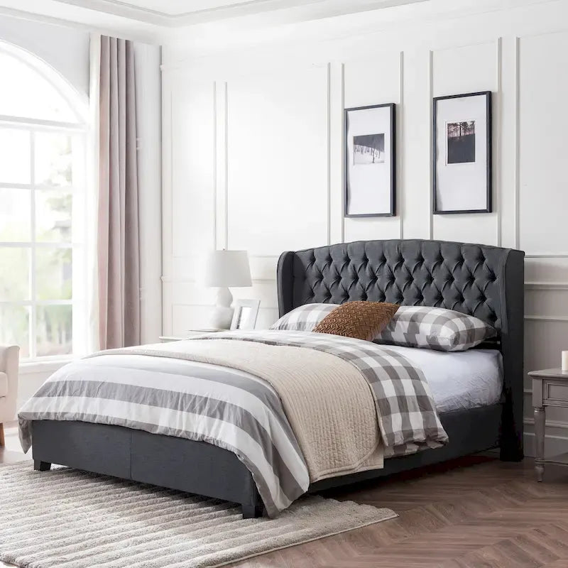 Ensemble de lit queen tapissé en tissu tufté, lit plateforme moderne du milieu du siècle avec tête de lit