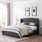 Ensemble de lit queen tapissé en tissu tufté, lit plateforme moderne du milieu du siècle avec tête de lit