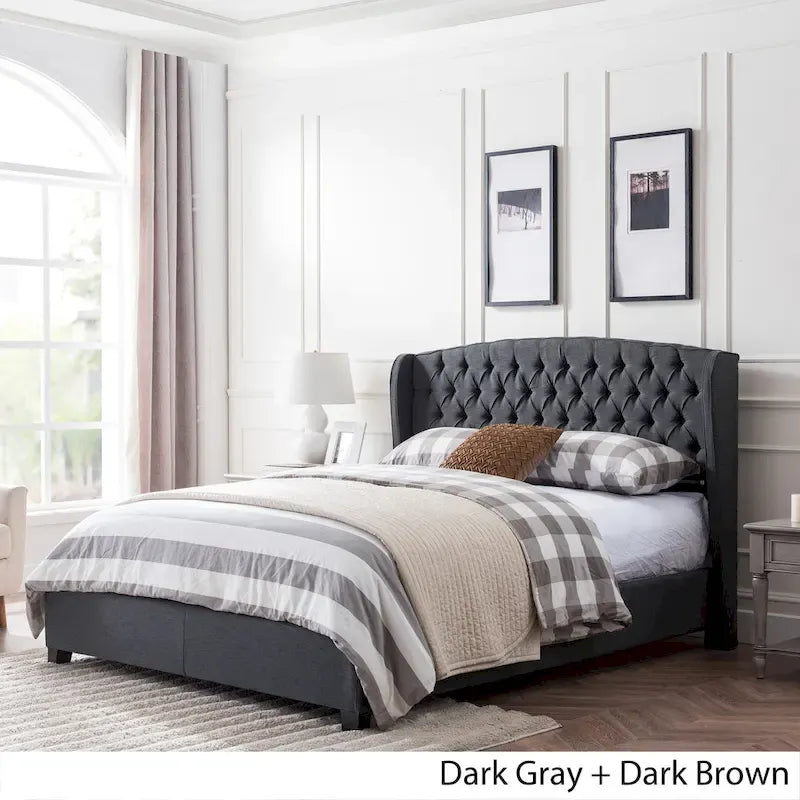 Ensemble de lit queen tapissé en tissu tufté, lit plateforme moderne du milieu du siècle avec tête de lit