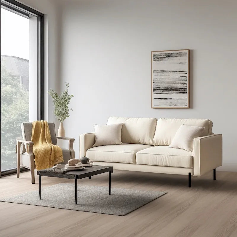 Canapé 3 places moderne 70" en lin avec accoudoirs carrés, cadre en bois et pieds noir mat