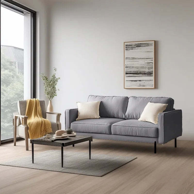 Canapé 3 places moderne 70" en lin avec accoudoirs carrés, cadre en bois et pieds noir mat