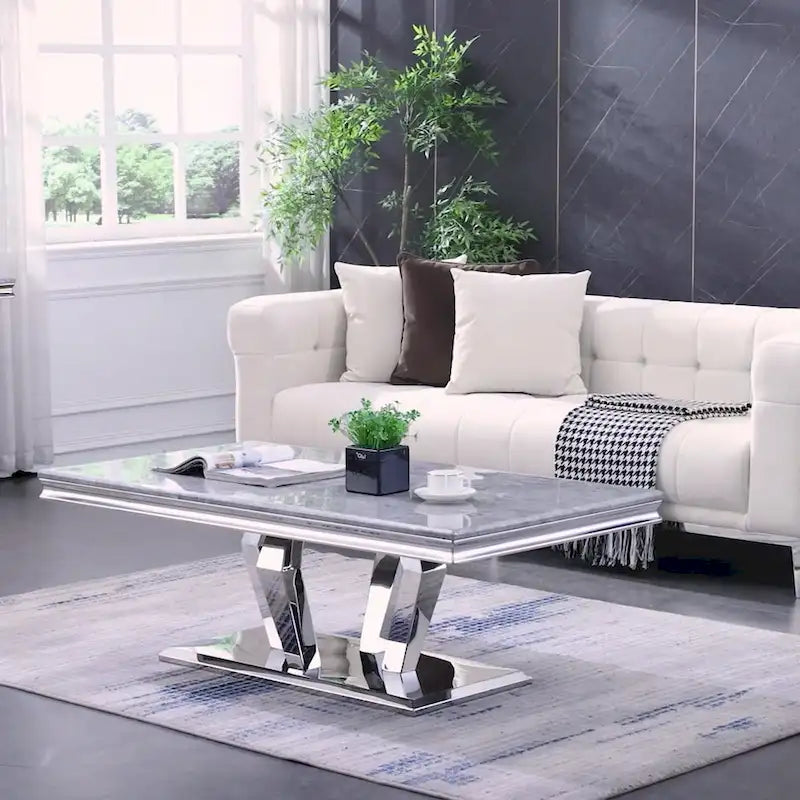 Table basse moderne avec base en acier inoxydable Table basse rectangulaire de 48 pouces avec cadre en métal robuste pour le salon