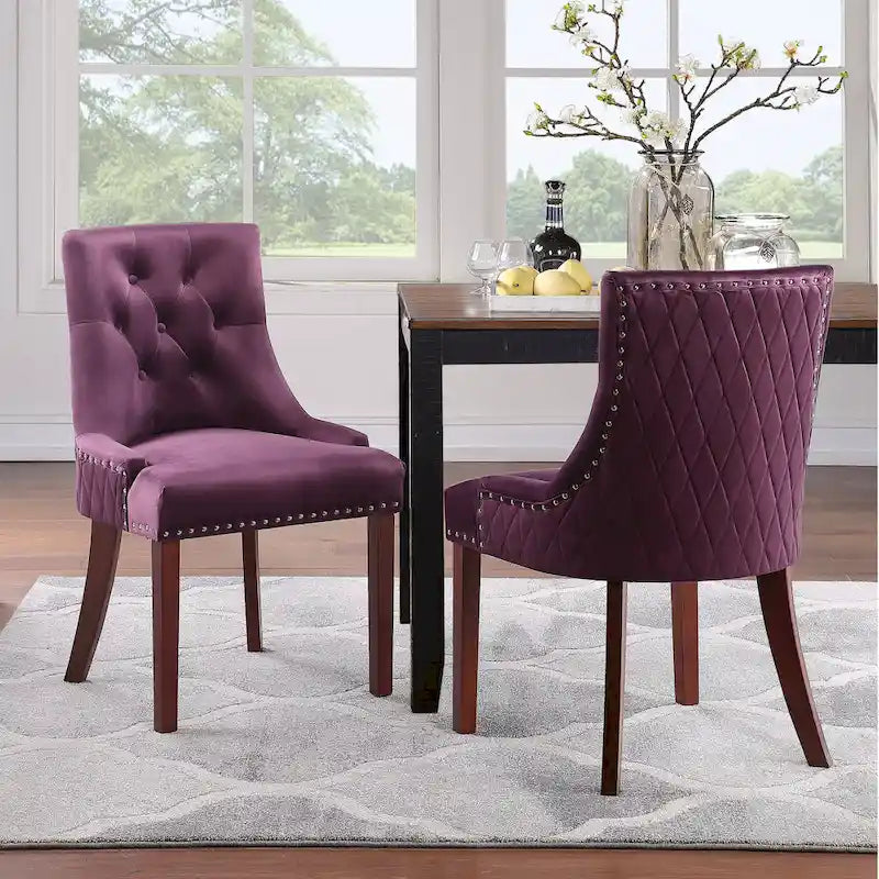Lot de 2 chaises de salle à manger en velours capitonné avec pieds en bois de peuplier, assise rembourrée en mousse
