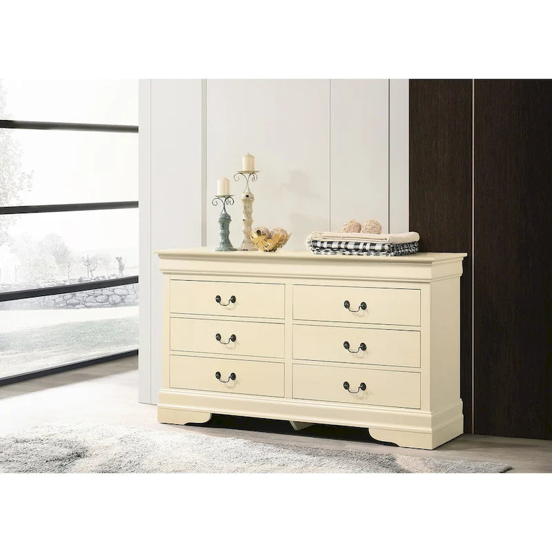 Commode double à 6 tiroirs avec détails sculptés ornementaux, meuble de rangement de chambre traditionnel