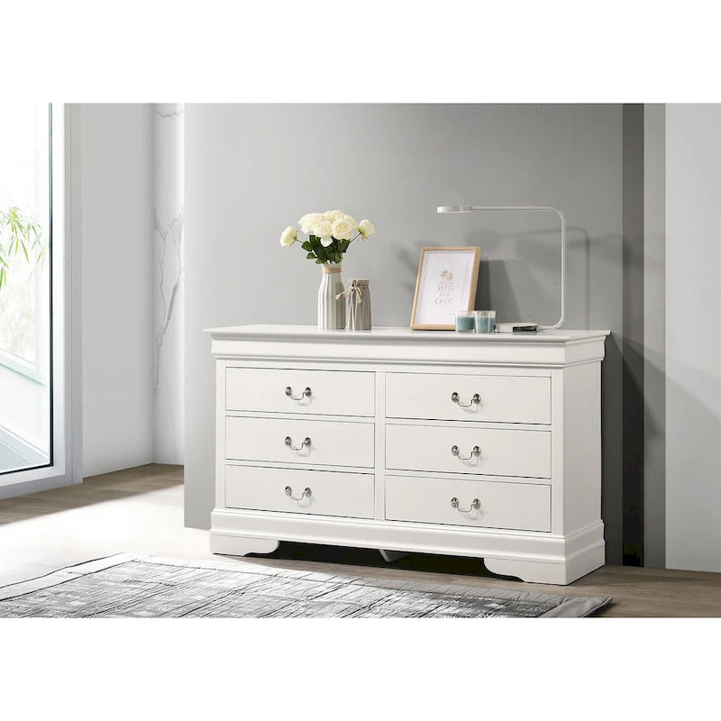 Commode double à 6 tiroirs avec détails sculptés ornementaux, meuble de rangement de chambre traditionnel