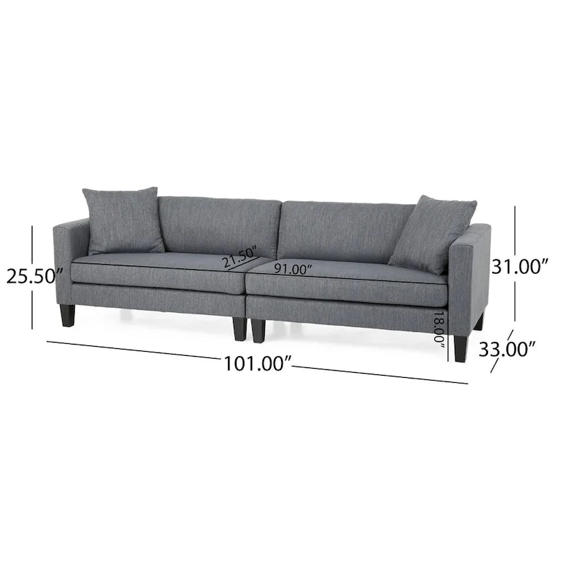 Canapé en tissu contemporain 4 places avec coussins décoratifs, sofa moderne pour salon