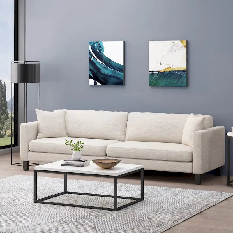 Canapé en tissu contemporain 4 places avec coussins décoratifs, sofa moderne pour salon