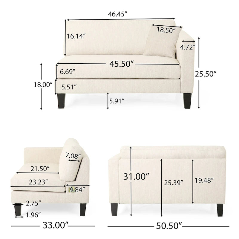 Canapé en tissu contemporain 4 places avec coussins décoratifs, sofa moderne pour salon