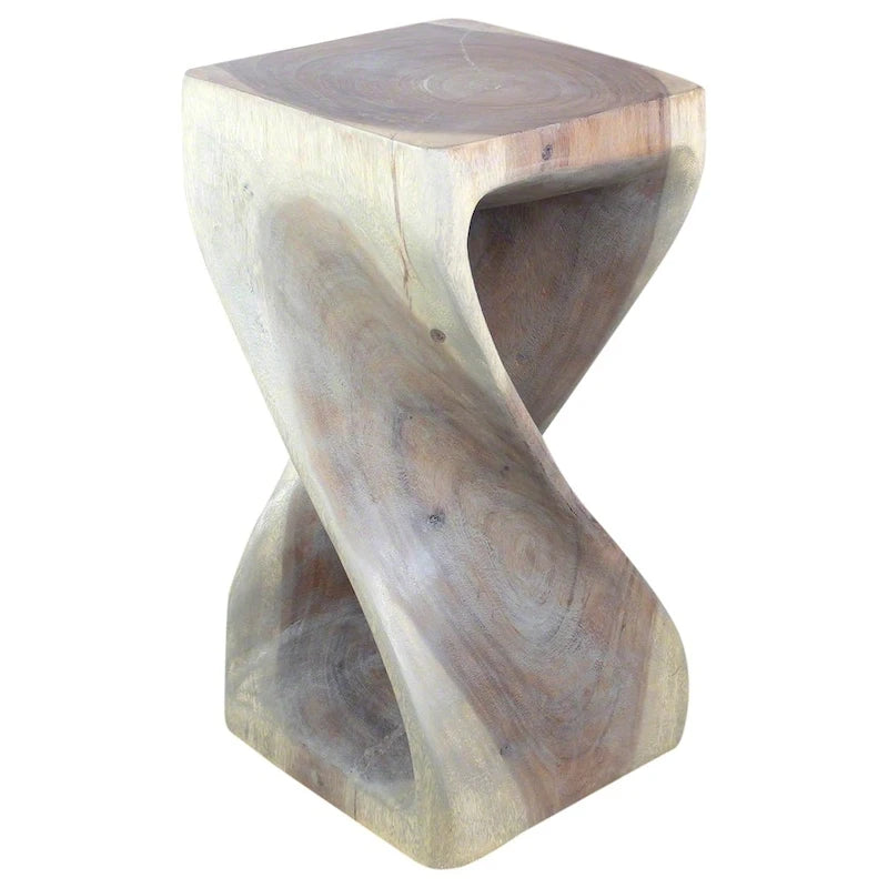 Tabouret torsion en bois massif 12"x12"x23", tabouret d'appoint sculptural fait à la main, finition huile grise