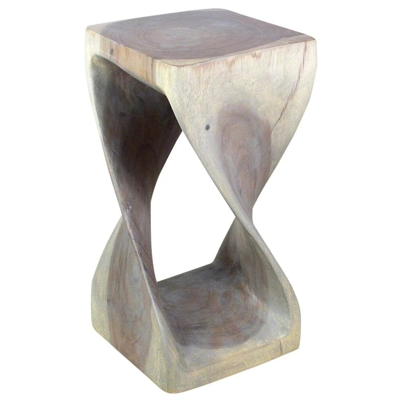 Tabouret torsion en bois massif 12"x12"x23", tabouret d'appoint sculptural fait à la main, finition huile grise