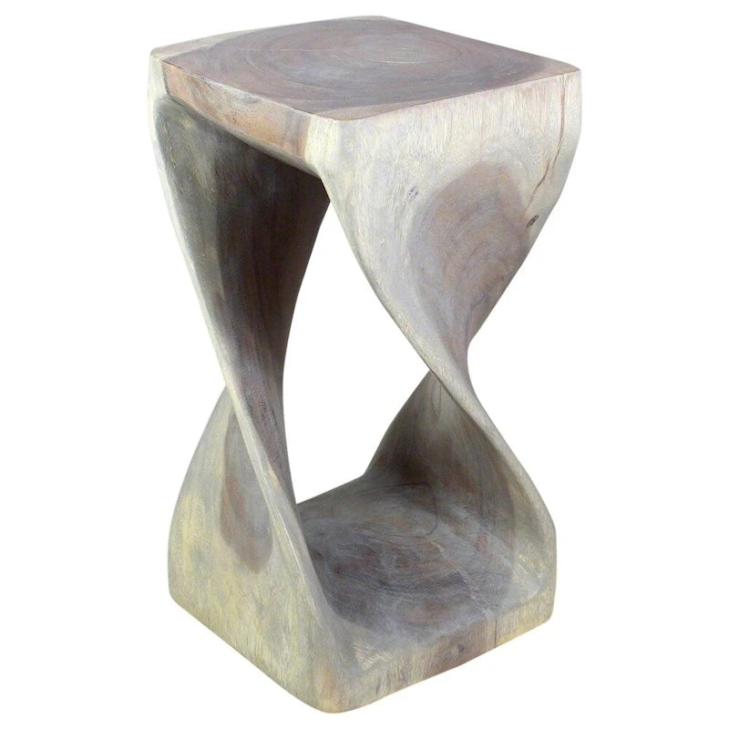 Tabouret torsion en bois massif 12"x12"x23", tabouret d'appoint sculptural fait à la main, finition huile grise
