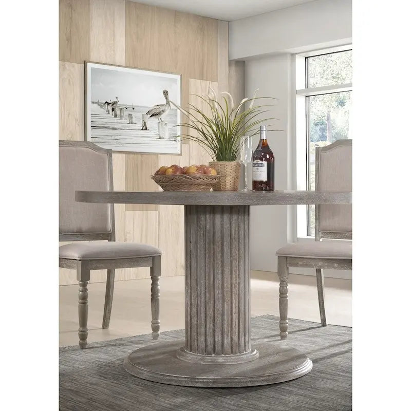 Table à manger sur pied en bois finition gris vieilli, Table de cuisine ronde style ferme