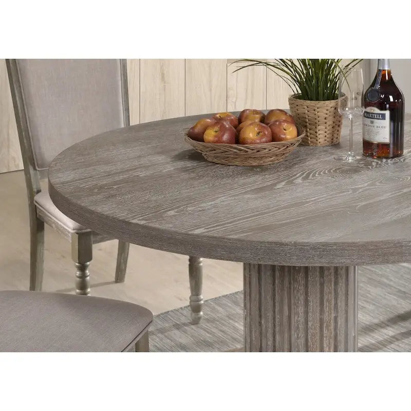 Table à manger sur pied en bois finition gris vieilli, Table de cuisine ronde style ferme