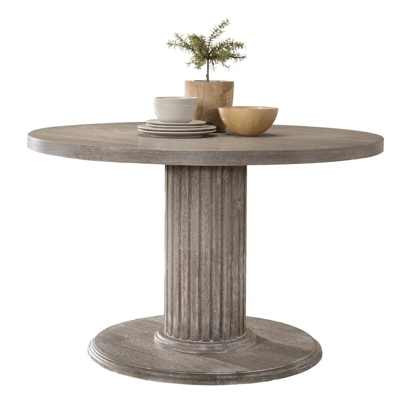 Table à manger sur pied en bois finition gris vieilli, Table de cuisine ronde style ferme