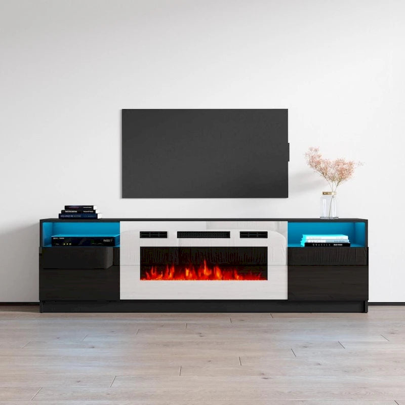 Meuble TV avec cheminée électrique et effet de flamme LED, console multimédia pour téléviseurs jusqu'à 65 po