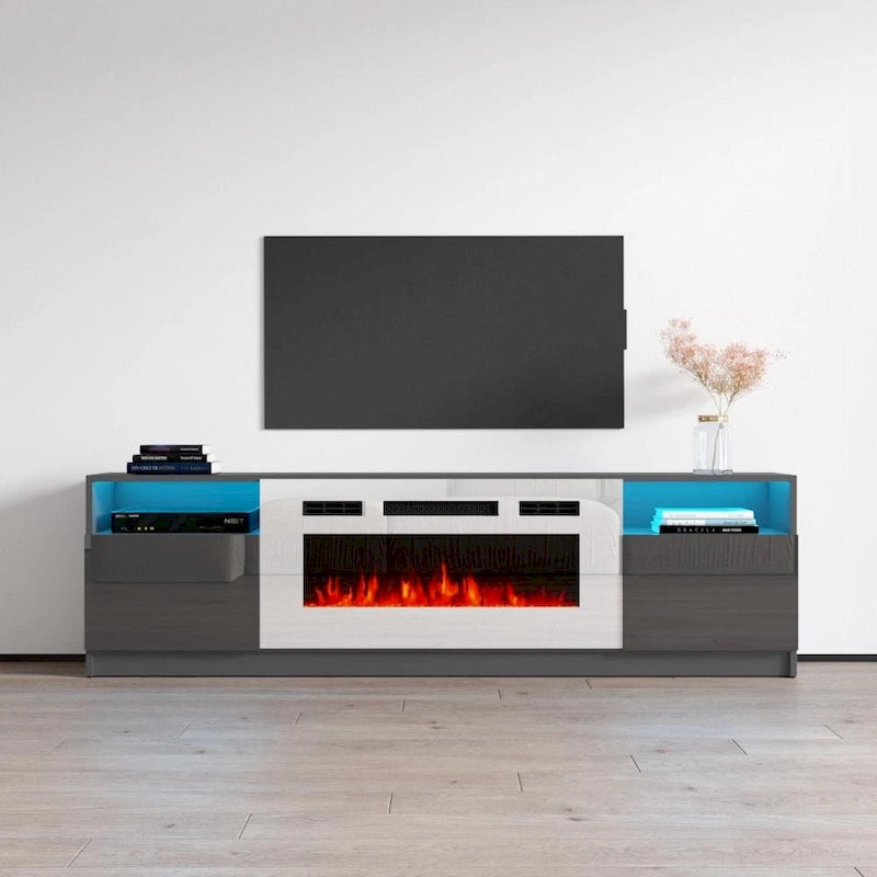 Meuble TV avec cheminée électrique et effet de flamme LED, console multimédia pour téléviseurs jusqu'à 65 po