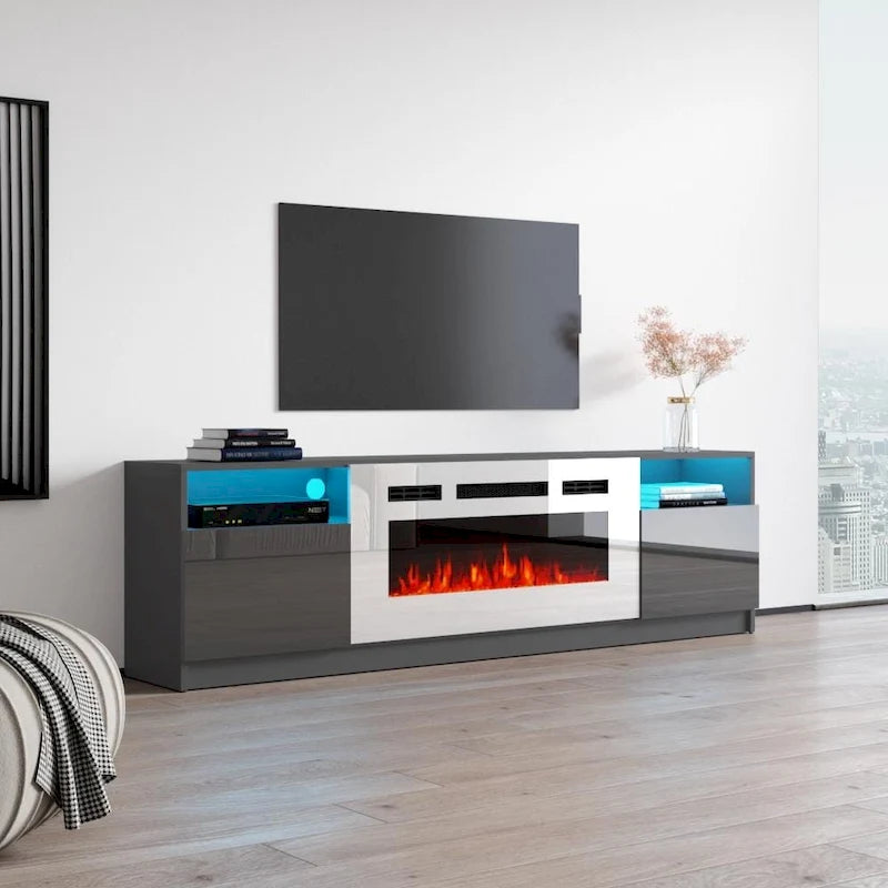 Meuble TV avec cheminée électrique et effet de flamme LED, console multimédia pour téléviseurs jusqu'à 65 po