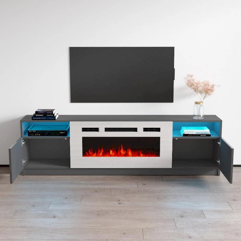 Meuble TV avec cheminée électrique et effet de flamme LED, console multimédia pour téléviseurs jusqu'à 65 po