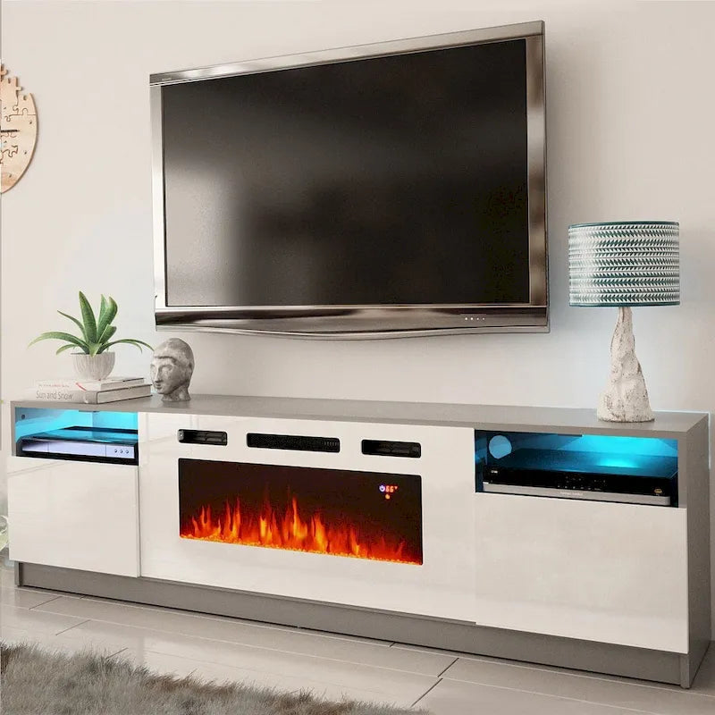 Meuble TV avec cheminée électrique et effet de flamme LED, console multimédia pour téléviseurs jusqu'à 65 po
