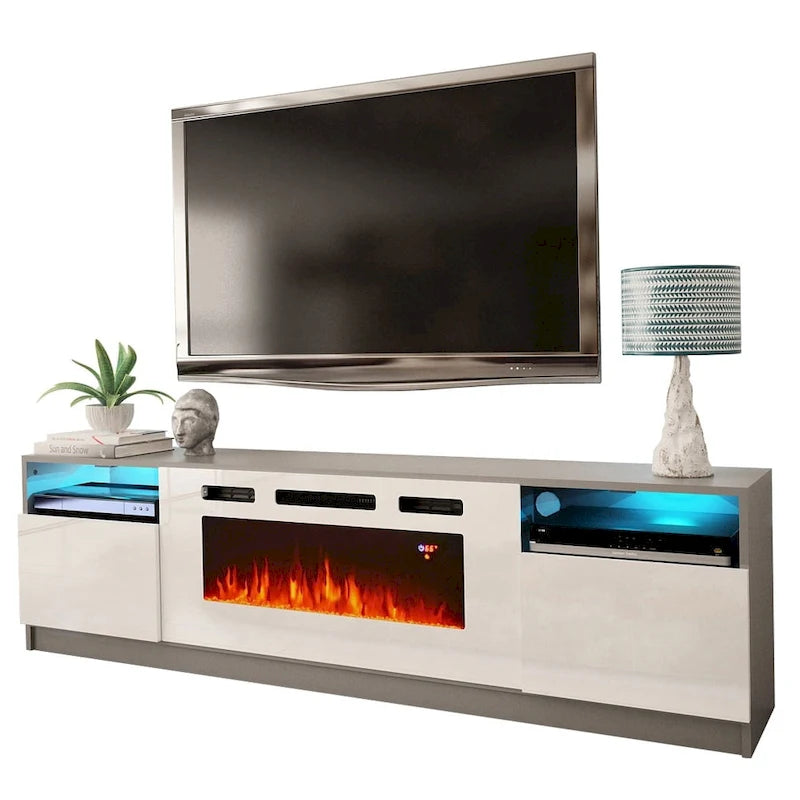 Meuble TV avec cheminée électrique et effet de flamme LED, console multimédia pour téléviseurs jusqu'à 65 po