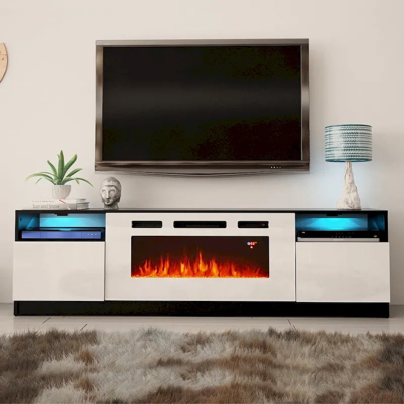 Meuble TV avec cheminée électrique et effet de flamme LED, console multimédia pour téléviseurs jusqu'à 65 po