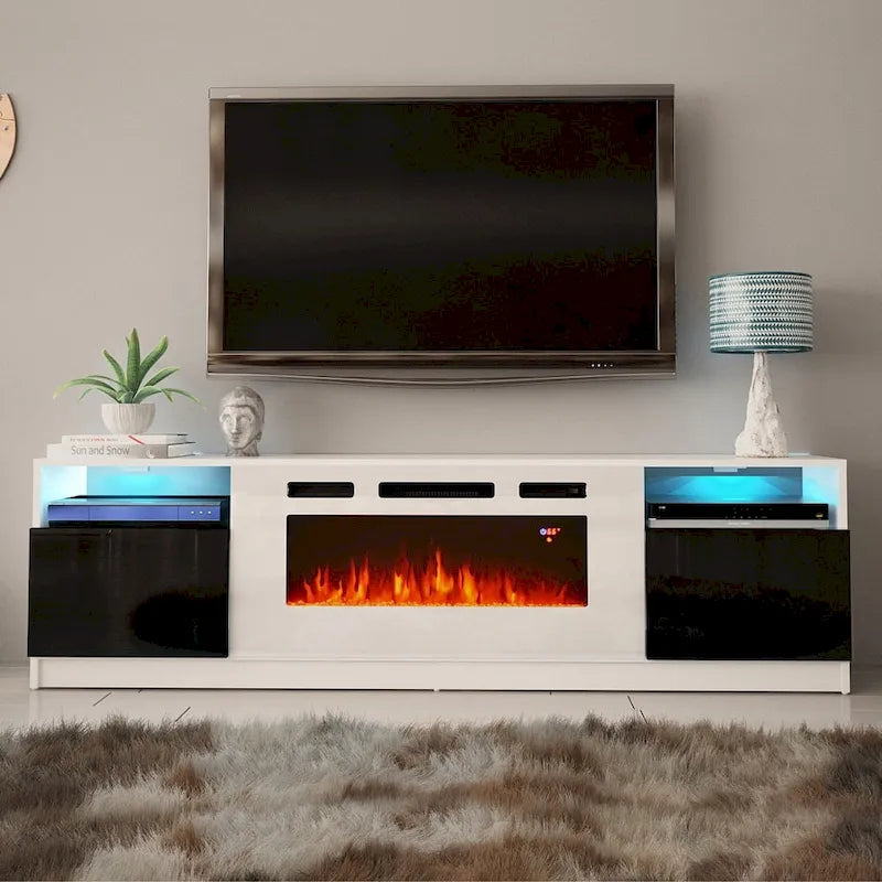 Meuble TV avec cheminée électrique et effet de flamme LED, console multimédia pour téléviseurs jusqu'à 65 po