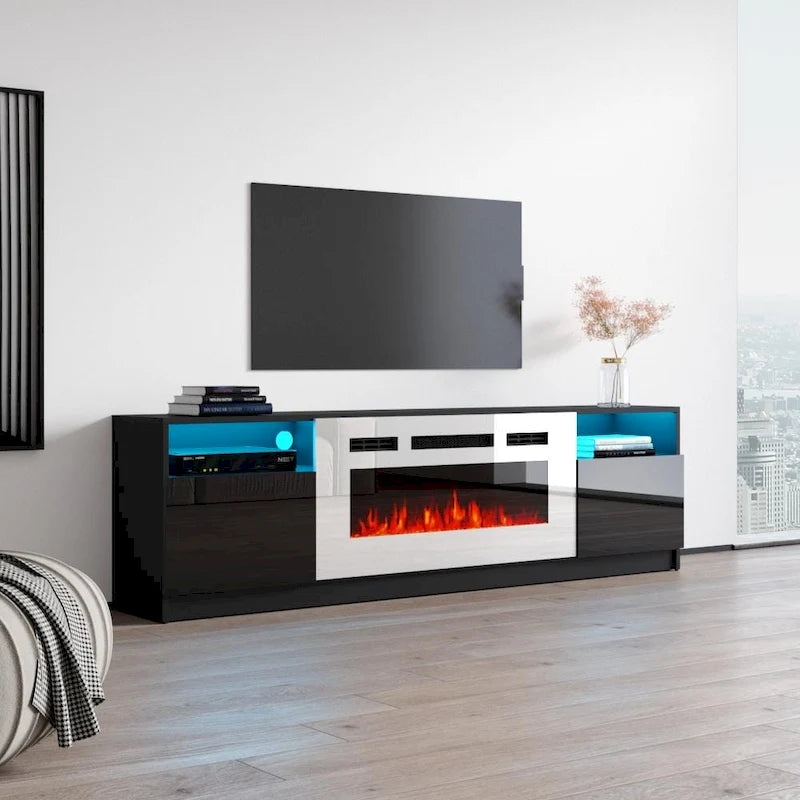 Meuble TV avec cheminée électrique et effet de flamme LED, console multimédia pour téléviseurs jusqu'à 65 po