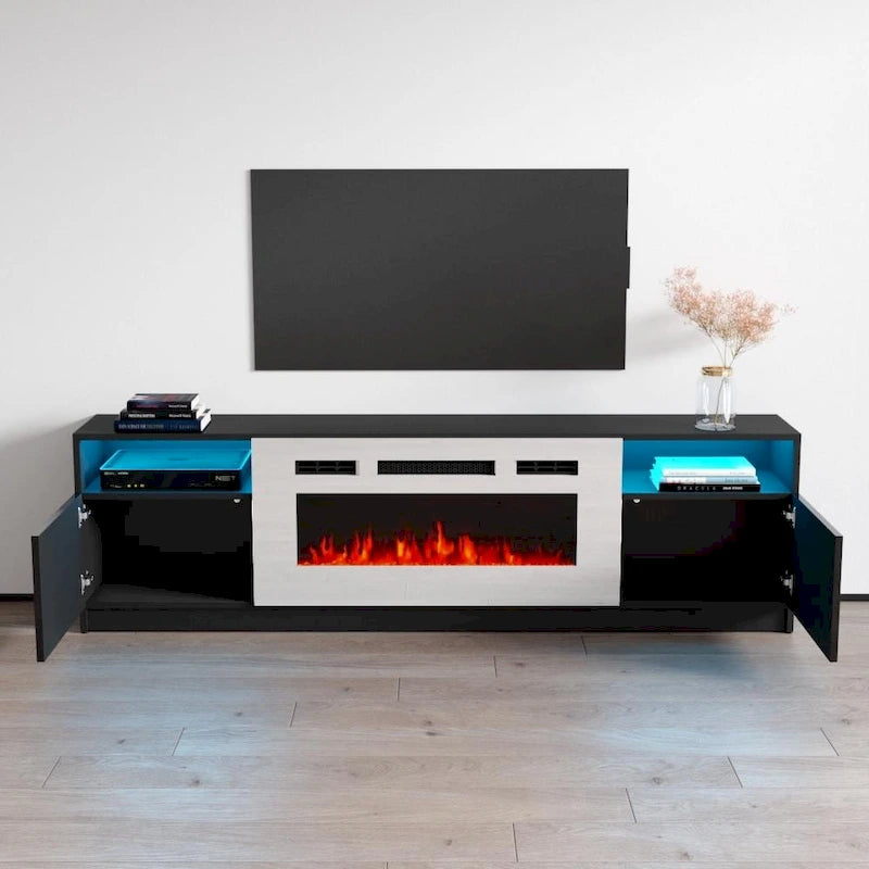 Meuble TV avec cheminée électrique et effet de flamme LED, console multimédia pour téléviseurs jusqu'à 65 po