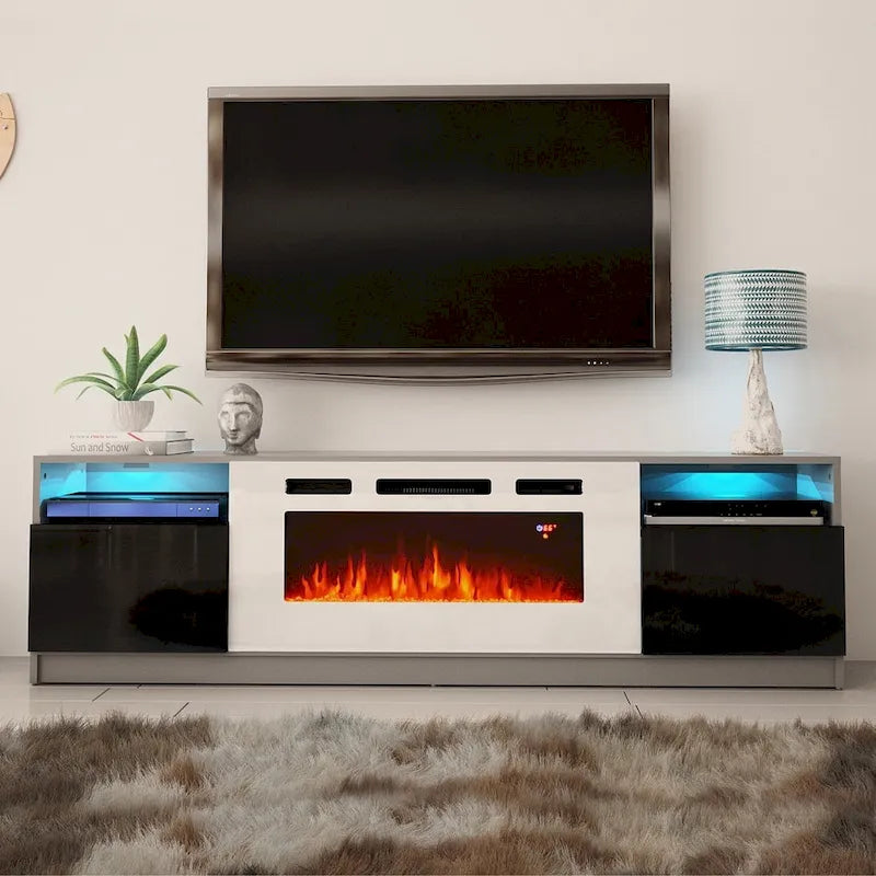 Meuble TV avec cheminée électrique et effet de flamme LED, console multimédia pour téléviseurs jusqu'à 65 po