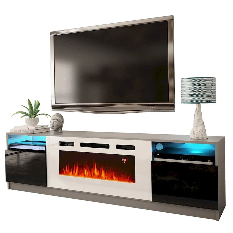 Meuble TV avec cheminée électrique et effet de flamme LED, console multimédia pour téléviseurs jusqu'à 65 po