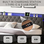 Cadre de lit King avec tête de lit de rangement, station de recharge et lumières LED, lit plateforme rembourré avec lattes métalliques, aucun sommier tapissier requis