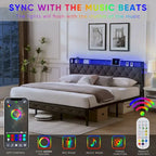 Cadre de lit King avec tête de lit de rangement, station de recharge et lumières LED, lit plateforme rembourré avec lattes métalliques, aucun sommier tapissier requis
