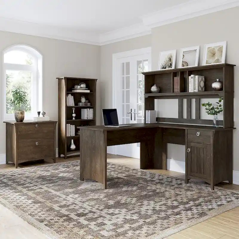Bureau d'angle en L de 152 cm avec huche, armoire et bibliothèque, poste de travail de bureau à domicile