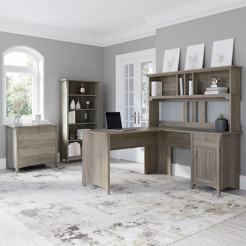 Bureau d'angle en L de 152 cm avec huche, armoire et bibliothèque, poste de travail de bureau à domicile