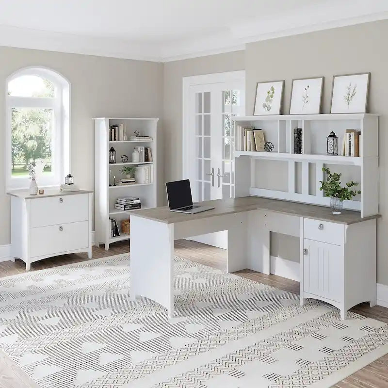Bureau d'angle en L de 152 cm avec huche, armoire et bibliothèque, poste de travail de bureau à domicile