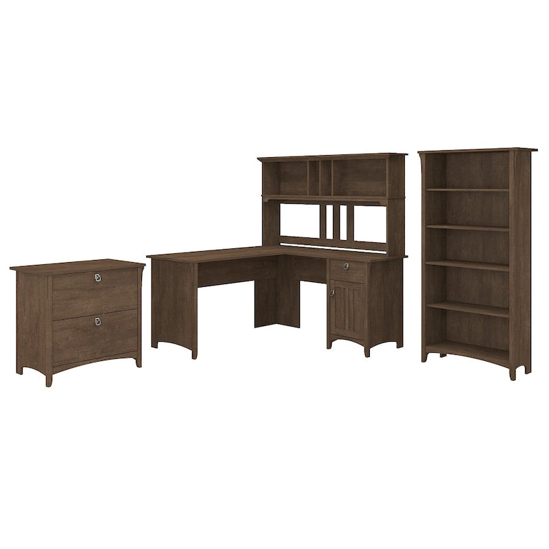 Bureau d'angle en L de 152 cm avec huche, armoire et bibliothèque, poste de travail de bureau à domicile