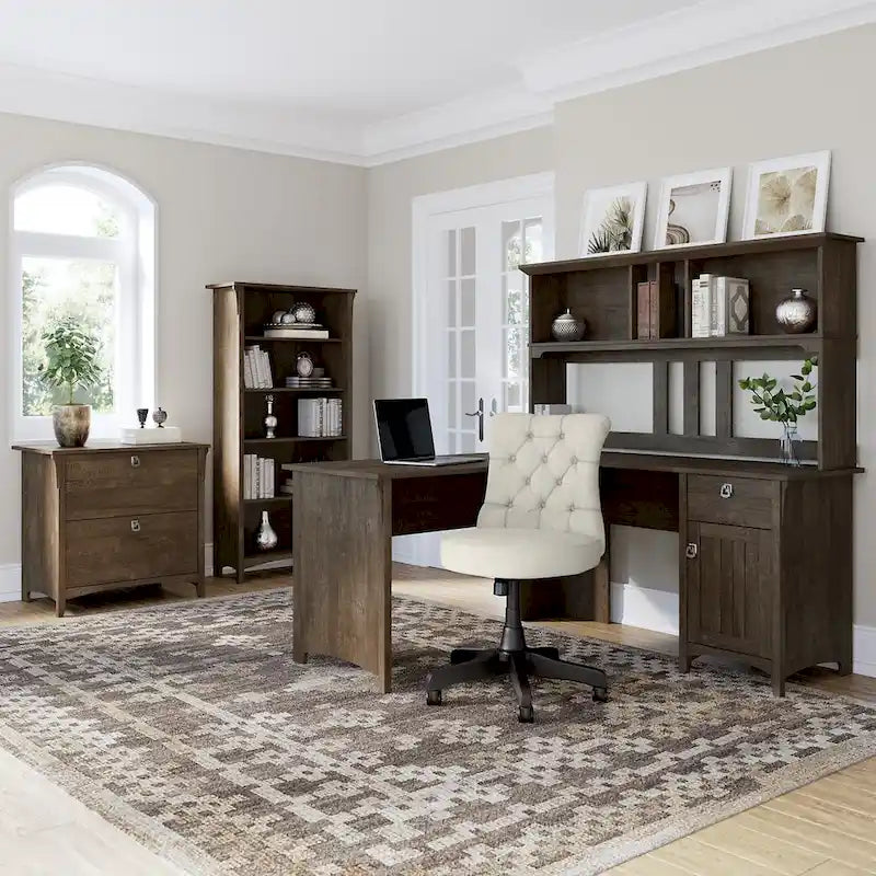 Bureau d'angle en L de 152 cm avec huche, armoire et bibliothèque, poste de travail de bureau à domicile