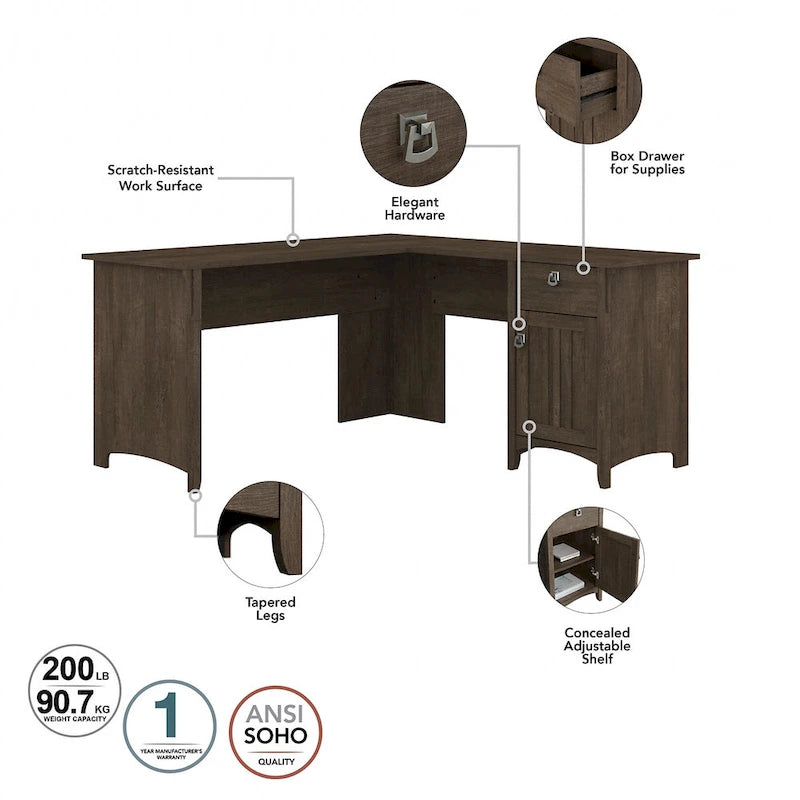 Bureau d'angle en L de 152 cm avec huche, armoire et bibliothèque, poste de travail de bureau à domicile