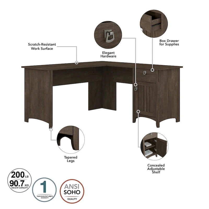 Bureau d'angle en L de 152 cm avec huche, armoire et bibliothèque, poste de travail de bureau à domicile