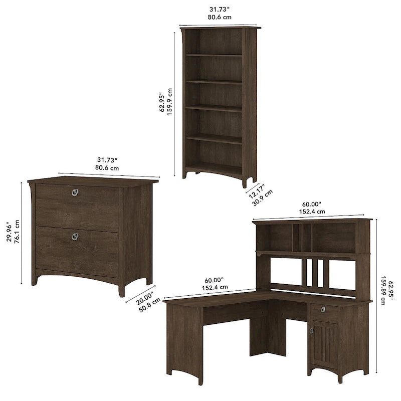 Bureau d'angle en L de 152 cm avec huche, armoire et bibliothèque, poste de travail de bureau à domicile