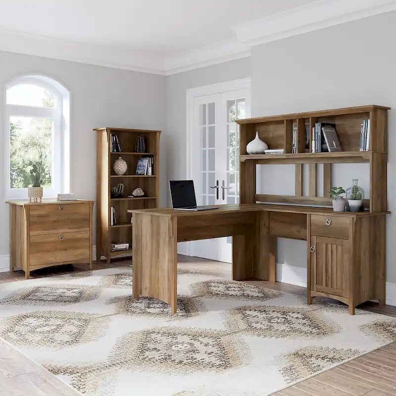 Bureau d'angle en L de 152 cm avec huche, armoire et bibliothèque, poste de travail de bureau à domicile
