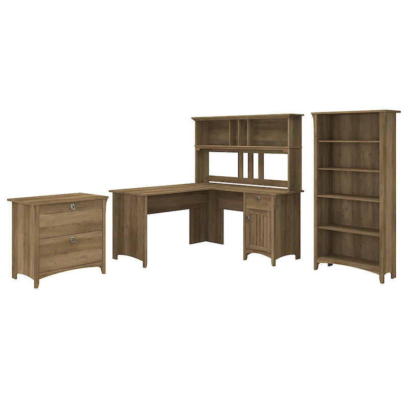 Bureau d'angle en L de 152 cm avec huche, armoire et bibliothèque, poste de travail de bureau à domicile