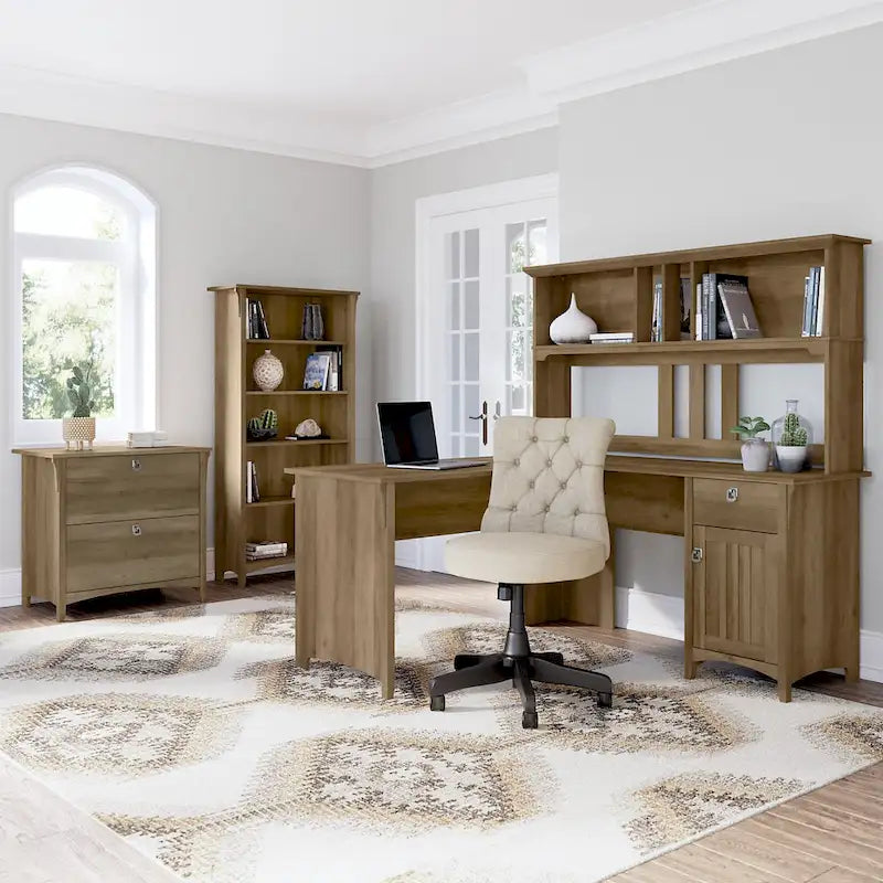 Bureau d'angle en L de 152 cm avec huche, armoire et bibliothèque, poste de travail de bureau à domicile